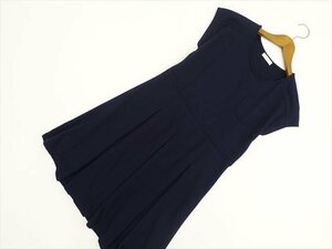 美品 インデックス index ひざ丈 フレンチスリーブ 半袖 ラウンドネック 洗えるワンピース L ネイビー