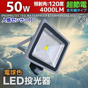 人感センサー付き LED投光器 50W 500W相当 3mコード付 AC100V 広角 高輝度 防水 屋外店舗照明 ライト 照明 昼光色 白色 暖色 電球色