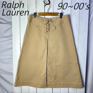 美品 90s～00s Ralph Lauren レースアップ チノフレアスカート ベージュ 3f オールド ラルフローレン ロングスカート L～XL ●341