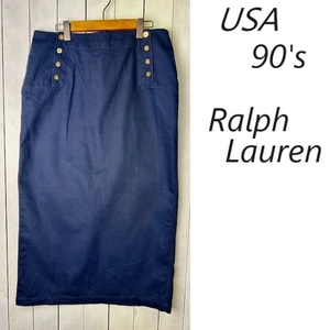 USA古着 90s Ralph Lauren ミリタリー セーラーロングスカート 12 濃紺 オールド ヴィンテージ ラルフローレン 中厚手コットン XL●336