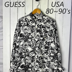 sh●665 USA古着 80s～90s USA製 GUESS モノトーン 総柄レーヨンシャツ 4 白黒 オールド ヴィンテージ アメリカ古着 長袖 ゲス L