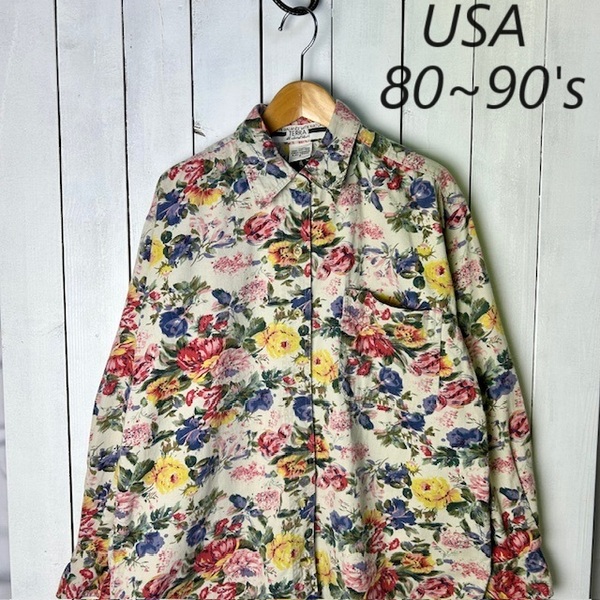 sh●670 USA古着 80s～ インド綿 フラワー総柄シャツ ゆったりM～L程度 オールド ヴィンテージ アメリカ古着 長袖 花柄