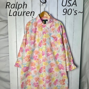 sh●674 USA古着 90s～00s Ralph Lauren パステルフラワー総柄ロングパジャマシャツ M～L オールド アメリカ古着 ラルフローレン 春夏 長袖