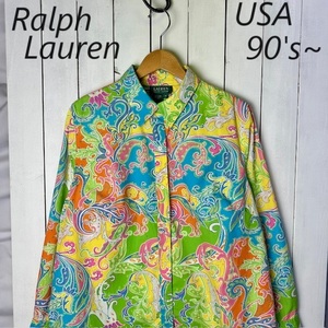 sh●675 USA古着 90s～00s Ralph Lauren カラフルPOPペイズリー柄ワイドシャツ 1X オールド アメリカ古着 ラルフローレン 春夏 長袖