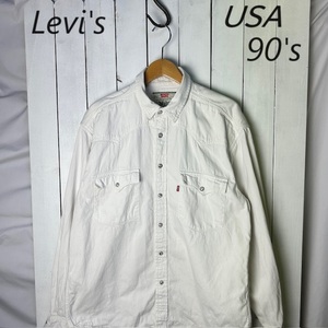 sh●694 USA古着 80s～90s Levis 生成り 白デニムウエスタンシャツ L～XL オールド アメリカ古着 リーバイス オフホワイト 長袖 厚手