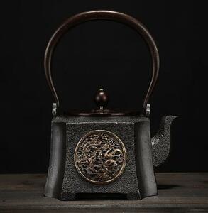 手作り 竜と鳳凰 四角い 鉄びん 鋳鉄製の壷 コーティングなし ティーポット やかんを沸かす お茶の道具 1200ml 