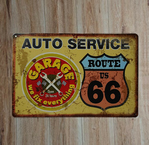 ブリキ看板： ガレージ　GARAGE　ルート66　AUTO SERVICE　自動車：アメリカン雑貨