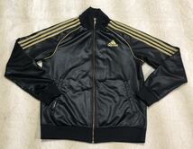 ☆adidas☆アディダス ビッグロゴ コーティング トラック ジャケット M 黒×金系 ジャージ 光沢 Z54983_画像1