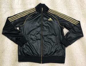 ☆adidas☆アディダス ビッグロゴ コーティング トラック ジャケット M 黒×金系 ジャージ 光沢 Z54983