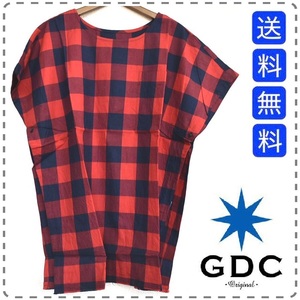 GDC ジーディーシー 日本製 チェックノースリーブシャツ ポンチョ ベスト 丸首 胸ポケット ユニセックス メンズMサイズ 赤 送料無料 A396