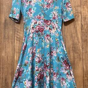 バラ 花柄 ロング ワンピース ターコイズ 水色 半袖 レトロ ガーリー かわいい パーティー ヴィンテージ vintage used 古着/club723(N482)