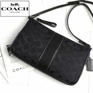 美品 COACH ショルダーバッグ シグネチャー ポシェット ブラック レザー 斜め掛け 肩掛け ミニ レディースバッグ 総柄 黒