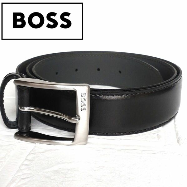 美品 BOSS ボス メンズ ベルト オールレザー 本革 ブラック シルバー バックル ロゴ 男性用 大谷翔平 ビジネス イタリア