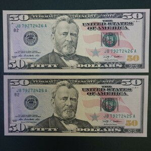 ◆アメリカ◆50ドル◆紙幣◆2枚◆総額100ドル◆USA◆ピン札◆