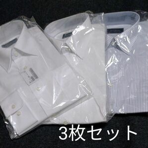 メンズ長袖ワイシャツ М 3枚セット 白 ＋ストライプ