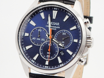 SEIKO PULSAR Chronograph Blue Black Leather Watch セイコー パルサー クロノグラフ レザーベルト ブラック ブルー 100m防水 本革 腕時計_画像3