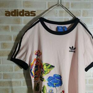 アディダス adidas Tシャツ 半袖 花柄 リンガー ピンク