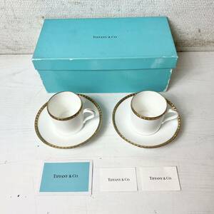 235＊【中古】TIFFANY&Co. ティファニー カップ&ソーサー ブランド食器 Gold Band ゴールド バンド 陶器 2客セット 洋食器 箱付き 現状品＊