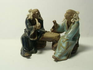 仙人　囲碁　置物　囲碁する2人　オブジェ　インテリア　囲碁仙人　陶器製　中国陶器人形　中国美術　中国古玩　時代物　骨董品