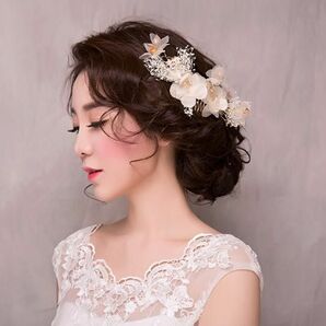 かすみ草 花 ヘッドドレス ヘアアクセサリー ウエディング ゴールド パーティーの画像2