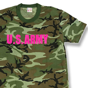 迷彩Tシャツ U.S.ARMY カーキ・グリーン×蛍光ピンク【半袖】XXL・アーミー 軍物 アメリカ陸軍 ｔシャツ サバゲー サバイバルゲーム メンズ