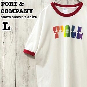 PORT&COMPANY US アメリカ古着 英字 染込みプリント 半袖 リンガーTシャツ L