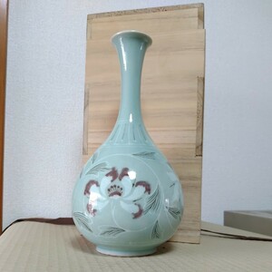 石峰作　酒瓶　高麗青磁　 陶器 　韓国青磁　花瓶　水差し 　花器　一輪挿し　美術品　美品　1981　韓国工芸　朝鮮　0430-C3-TA7　