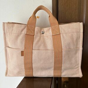 ▽ HERMES エルメス ニューフールトゥMM トートバッグ ハンドバッグ オレンジ系 キャンバス 軽量 A4 