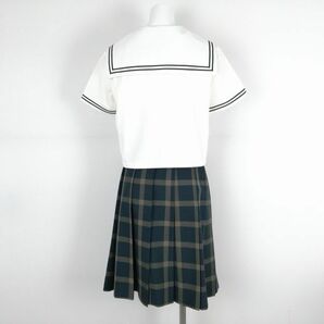 1円 セーラー服 チェックスカート リボン 上下3点セット 160A 夏物 緑2本線 女子 学生服 福岡西南学院中学 白 制服 中古 ランクC EY8582の画像2