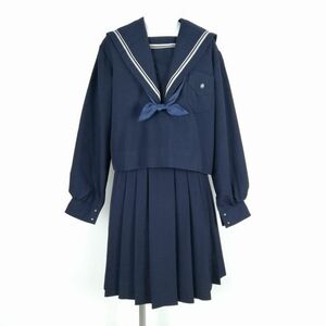 1円 セーラー服 スカート スカーフ 上下3点セット 大きいサイズ 特大 冬物 グレー3本線 女子 学生服 中学 高校 紺 中古 ランクC EY8652