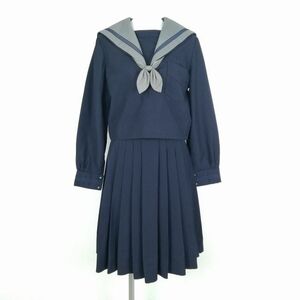 1円 セーラー服 スカート リボン 上下3点セット 冬物 青3本線 女子 学生服 大阪明浄学院高校 紺 制服 中古 ランクC EY8642