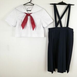 1円 セーラー服 スカート スカーフ 上下3点セット 指定 160A 夏物 白3本線 女子 学生服 福岡筑紫女学園中学高校 白 中古 ランクC EY8233