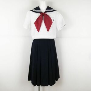 1円 セーラー服 スカート スカーフ 上下3点セット カンコー 夏物 白3本線 女子 学生服 福岡精華女子高校 白 制服 中古 ランクC EY8473