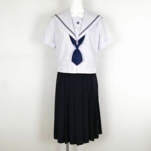 1円 セーラー服 スカート ネクタイ 上下3点セット 165A 大きいサイズ トンボ 夏物 青2本線 女子 学生服 中学 高校 白 中古 ランクC EY8717