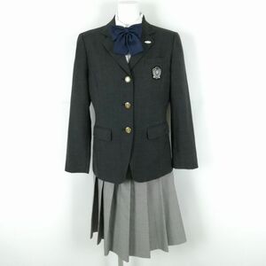 1円 ブレザー チェックスカート リボン 上下4点セット カンコー 冬物 女子 学生服 大阪産業大学附属高校 グレー 制服 中古 ランクC EY8731