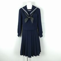 1円 セーラー服 スカート スカーフ 上下3点セット 冬物 グレー3本線 女子 学生服 大阪四天王寺学園中学高校 紺 制服 中古 ランクC EY8735_画像1