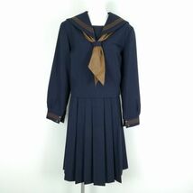 1円 セーラー服 スカート スカーフ 上下3点セット 175A 大きいサイズ 冬物 茶3本線 女子 学生服 中学 高校 紺 制服 中古 ランクC EY8718_画像1