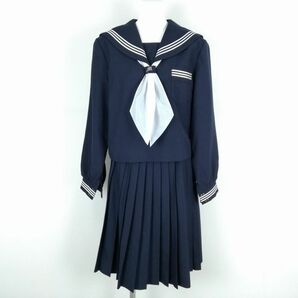 1円 セーラー服 スカート スカ 上下3点セット 指定 大きいサイズ トンボ 冬物 白3本線 女子 学生服 兵庫小野南中学 紺 中古 ランクB EY8803の画像1