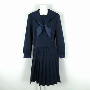 1円 セーラー服 スカート スカーフ 上下3点セット 指定 大きいサイズ 冬物 青3本線 女子 学生服 中学 高校 紺 制服 中古 ランクC EY8752の画像1