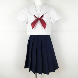 1円 セーラー服 スカート スカーフ 上下3点セット 夏物 白3本線 女子 学生服 福岡筑紫女学園中学 白 制服 中古 ランクC EY8113