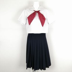 1円 セーラー服 スカート スカーフ 上下3点セット 160A 夏物 白3本線 女子 学生服 福岡筑紫女学園高校 白 制服 中古 ランクC EY8151