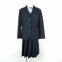 1円 ブレザー ジャンパースカート 紐タイ 上下4点セット 指定 大きいサイズ 冬物 女子 学生服 福岡若松高校 紺 制服 中古 ランクC EY9047_画像1