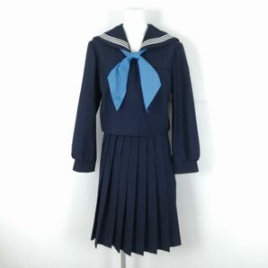 1円 セーラー服 スカート スカーフ 上下3点セット 冬物 白3本線 女子 学生服 福岡嘉穂高校 紺 制服 中古 ランクC EY9196の画像1