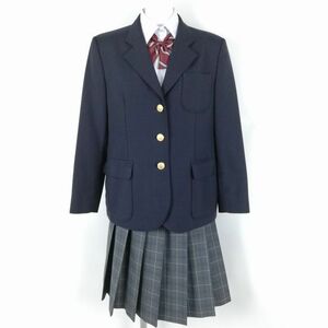 1円 ブレザー チェックスカート リボン 上下4点セット 大きいサイズ 冬物 女子 学生服 大阪金岡高校 紺 制服 中古 ランクC EY9178