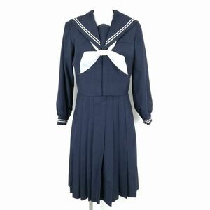 1円 セーラー服 ジャンパースカート スカーフ 上下3点セット 冬物 白2本線 女子 学生服 中学 高校 紺 制服 中古 ランクC EY9118