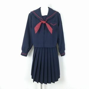 1円 セーラー服 スカート 上下3点セット 170A 大きいサイズ 冬物 赤1本線 女子 学生服 鹿児島清水中学 紺 制服 中古 ランクC EY9173