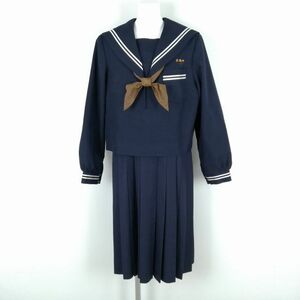 1円 セーラー服 ジャンパースカート スカーフ 上下3点セット 大きいサイズ 冬物 白2本線 女子 学生服 宮崎木脇中学 紺 中古 ランクC EY8924