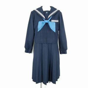 1円 セーラー服 ジャンパースカート スカーフ 上下3点セット 冬物 白3本線 女子 学生服 大分上野ヶ丘中学 紺 制服 中古 ランクC EY9117