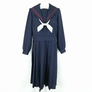 1円 セーラー服 ジャンパースカート スカーフ 上下3点セット 冬物 赤3本線 女子 学生服 中学 高校 紺 制服 中古 ランクB EY9023