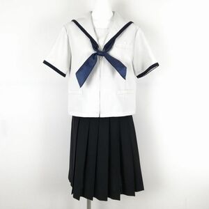 1円 セーラー服 スカート スカーフ 上下3点セット 指定 大きいサイズ 夏物 青1本線 女子 学生服 大阪信愛学院高校 白 中古 ランクC EY8466